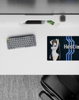 Classic anime girl mouse pad 14x10 inches in deep navy with white text and electric-blue stripes.