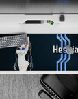 36x16 inches anime desk pad in deep navy with crisp white text and electric-blue stripes, sleek sci-fi vibe.