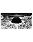 32x16 inches anime mouse pad with black sun over a shattered city, swirling sky vortex, panoramic scene.