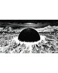 Anime desk pad 40x20 inches with shattered city panorama and black sun vortex sky, monochrome ink style.