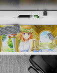 Dreamy romance desk pad 36x16 inches in warm cream, sky blue, garden greens with soft sparkles.
