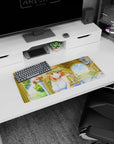 Orange-haired anime bride smiling under white rose crown in golden arch, pastel bouquets mouse pad 28x12 inches.