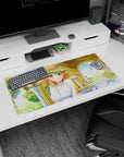Orange-haired anime bride smiling in a white rose crown on a 32x16 inches mouse pad, pastel florals.