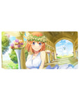 Dreamy bride anime girl mouse pad 32x16 inches with rose crown, gold arch, pastel bouquets, sparkles.