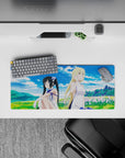 28x12 inches anime girl mouse pad in calm sky blues, fresh greens, and soft lavender flowers.