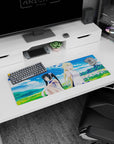 32x12 inches DanMachi mouse pad featuring Hestia and Ais Wallenstein relaxing in a flowered field.