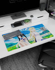 32x16 inches DanMachi mouse pad featuring Hestia and Ais Wallenstein under big cotton clouds.