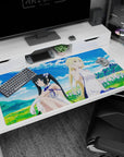 40x20 inches DanMachi desk pad featuring Hestia and Ais Wallenstein relaxing in white outfits, flirty.
