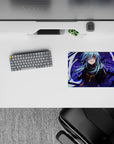 Anime mouse pad 14x10 inches in deep purples with icy highlights, violet shadows, and bright white motion streaks.