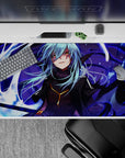 Moody 40x20 inches anime desk pad in deep purples, icy highlights, and bright white motion trails.