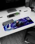 Anime mouse pad 32x12 inches showing a sly blue-haired anime fighter amid violet shadows and white energy.