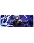 Anime mouse pad 32x12 inches with blue-haired character, golden eyes, dark coat, and energy ribbons.