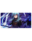 32x16 inches anime mouse pad with blue-haired, gold-eyed rogue and violet shadow energy ribbons.