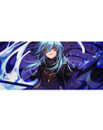 Anime desk pad 36x16 inches with blue-haired, gold-eyed character and swirling energy ribbons.