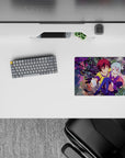 Vibrant 14x10 inches anime mouse pad in neon purples, pastel blue-to-pink hair, cozy playful vibe.