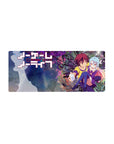 No Game No Life anime girl mouse pad 28x12 inches with Shiro and Sora, neon purple backdrop and feather bursts.