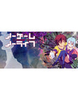 36x16 inches anime girl desk pad with Shiro and Sora, neon purple backdrop, pastel hair, cute gaming vibe.