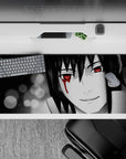 Anime desk pad 36x16 inches featuring Sharingan eyes, capturing the dramatic and haunting beauty of rain and crimson gaze.