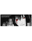 Anime mouse pad 32x12 inches featuring Sharingan eyes, capturing a haunting scene with tears and monochrome shadows.