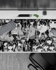 40x20 inches black-and-white manga-style anime girl desk pad with deadpan faces, funny not scary mood.