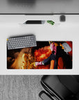 28x12 inches anime mouse pad in warm crimson and deep shadow tones with ember specks, dramatic yet soft.