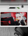 32x16 inches anime girl mouse pad in deep red gothic glow, cozy chaos vibe, shadowy books and skull decor.
