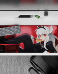 Gothic red-glow anime desk pad 36x16 inches with deep shadows, honey drip accents, cozy chaos vibe.