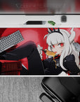 Deep red gothic anime desk pad 40x20 inches with cozy chaos glow, dark shadows, and honey-sweet vibe.