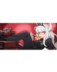 Anime girl desk pad 36x16 inches with white-haired demon girl, tiny horns, crown, books and skull decor.