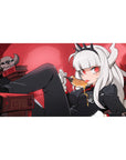 Anime demon girl desk pad 40x20 inches with white hair, crimson eyes, horns, crown, books and skull decor.