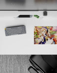 Cozy honey-gold and rose glow anime girl mouse pad 14x10 inches with dreamy bokeh café vibe.