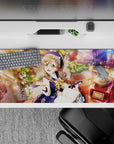 36x16 inches anime desk pad in warm honey light with navy and cream tones, cozy storybook mood.