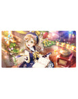 32x16 inches anime girl mouse pad with glasses, ribbons, rose garlands, journal and café desk scene.