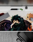 Dynamic 40x20 desk pad showcases Todoroki Midoriya Bakugo in action-packed poses for anime enthusiasts