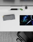 Neon blues on deep black with green nebula haze, dreamy sci-fi mouse pad, 14x10 inches.