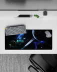 Neon blues on deep black with green nebula haze, 28x12 inches mouse pad with dreamy sci-fi mood.