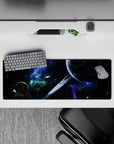 Neon blue and space-black mouse pad 32x12 inches with green nebula mist for a dreamy sci-fi mood.