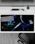 Dreamy sci-fi mouse pad 32x16 inches in deep space black, neon blues, and smoky green nebula tones.