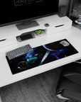 Giant ringed planet mouse pad 32x12 inches with glowing ember cracks against a star-splashed sky.
