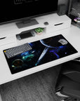 Ringed planet scene mouse pad 32x16 inches with ember-cracked surface floating in a star-splashed sky.