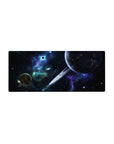 Cosmic ringed planet desk mouse pad, 28x12 inches, starry deep space design with nebula mist.