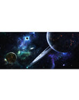 Space-themed desk pad 36x16 inches with ringed planet, starry sky, and nebula mist.