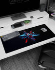 Artistic 36x16 inches mouse pad featuring Cyber Shard design, blending angular metallic blue and crimson red shards for a high-energy, tech vibe.