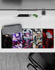 32x12 inches anime girl mouse pad in smoky black, electric violet, icy white, and molten red, edgy vibe.