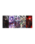 28x12 inches anime girl mouse pad with five bold heroines lineup, lace, armor, ribbons, and sci-fi accents.