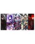32x16 inches anime girl mouse pad with five bold heroines lineup, lace, armor, ribbons, and sci-fi details.