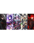Anime girl desk pad 36x16 inches with five bold heroines, lace, armor, ribbons, and sci-fi accents.