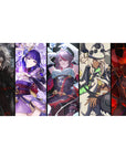 40x20 inches anime girl desk pad with five bold heroines, lace, armor, ribbons, and sci‑fi accents.