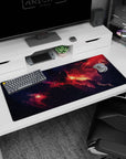 Fiery nebula cloud scene desk pad 36x16 inches, like a window to space with scattered stars.