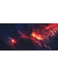 Midnight cosmos nebula desk pad 36x16 inches with smoky swirls and tiny star speckles.